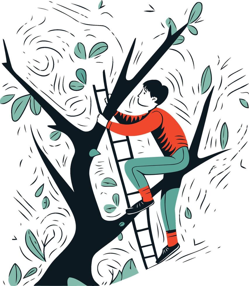 Young man climbing a tree in flat cartoon style. vector