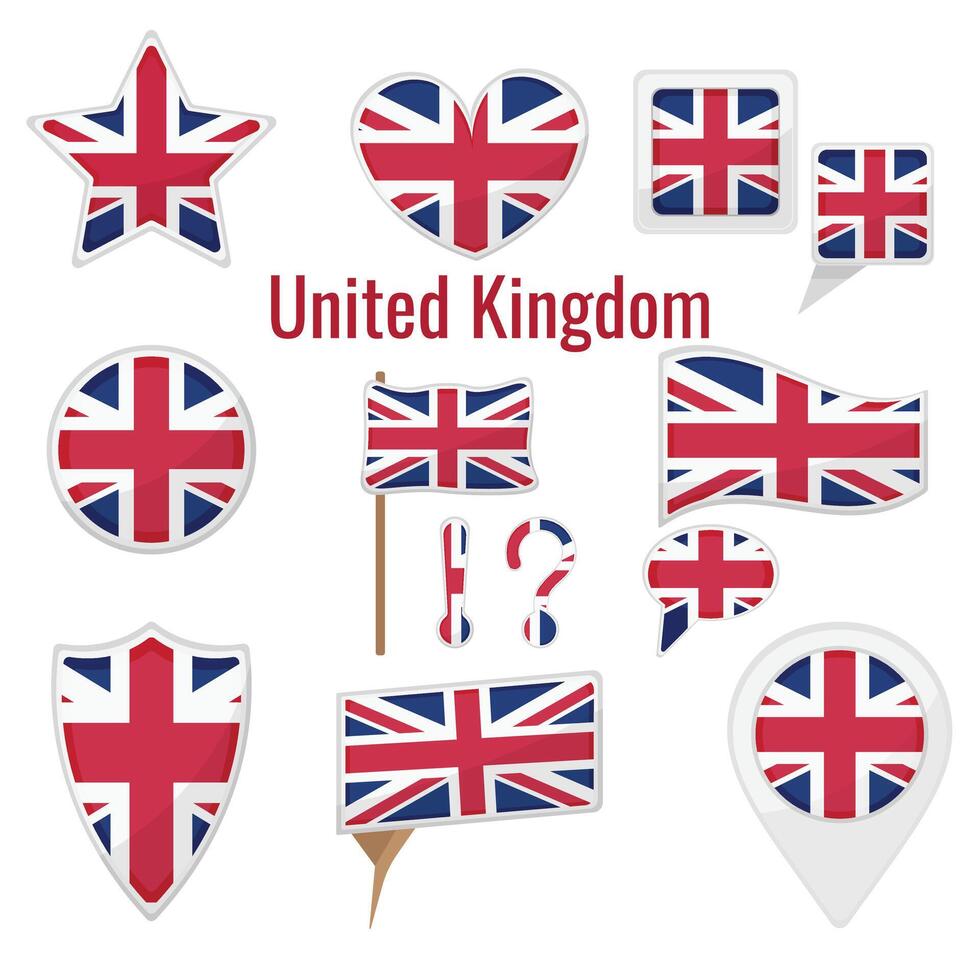 Various UK United Kingdom flags set on pole, table flag, mark, star badge and different shapes badges. Patriotic Great Britain sticker vector