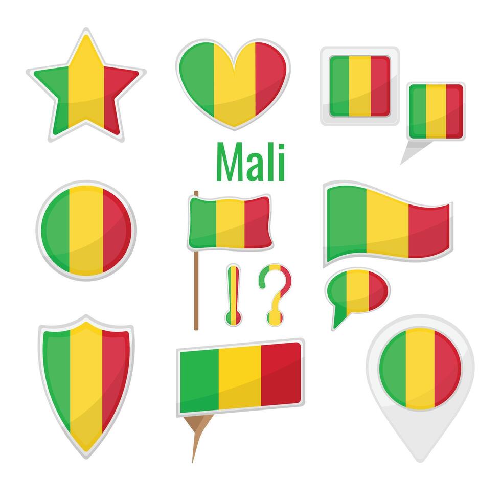 Various Mali flags set on pole, table flag, mark, star badge and different shapes badges. Patriotic malian sticker vector