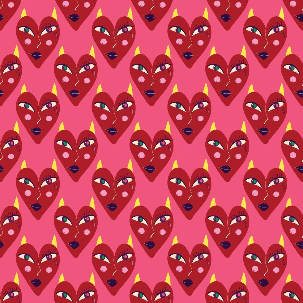 Pink ands red Halloween seamless pattern with hearts devils vector