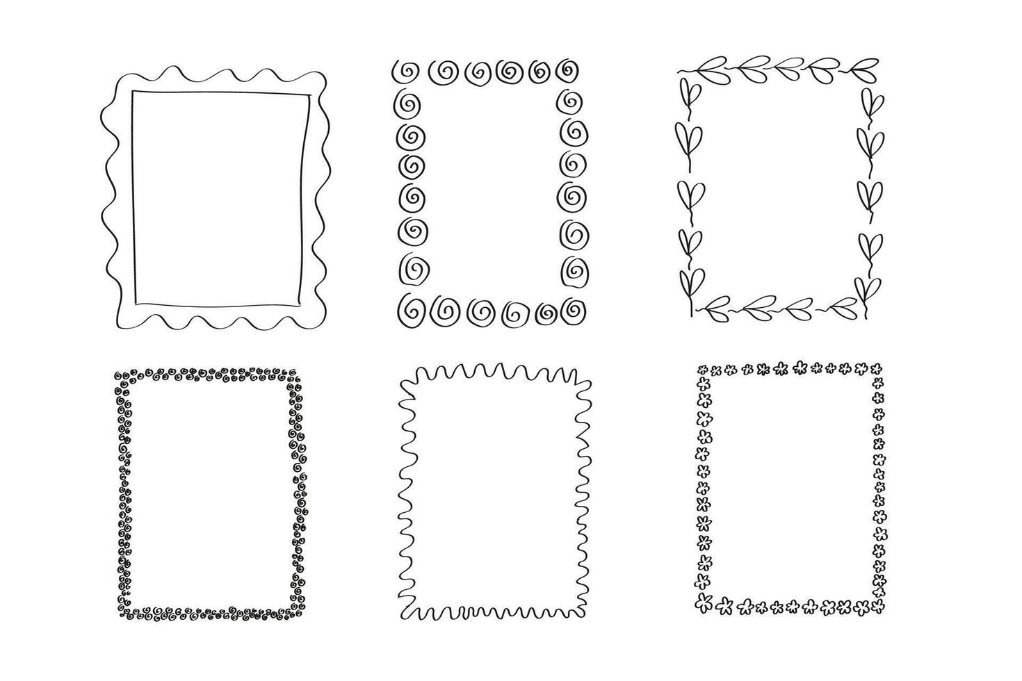 Frames ink sketch. Illustration on isolated background. Set with black simple line border doodle square floral frame elements, decorative design for banner, card, paper, card, template, poster vector
