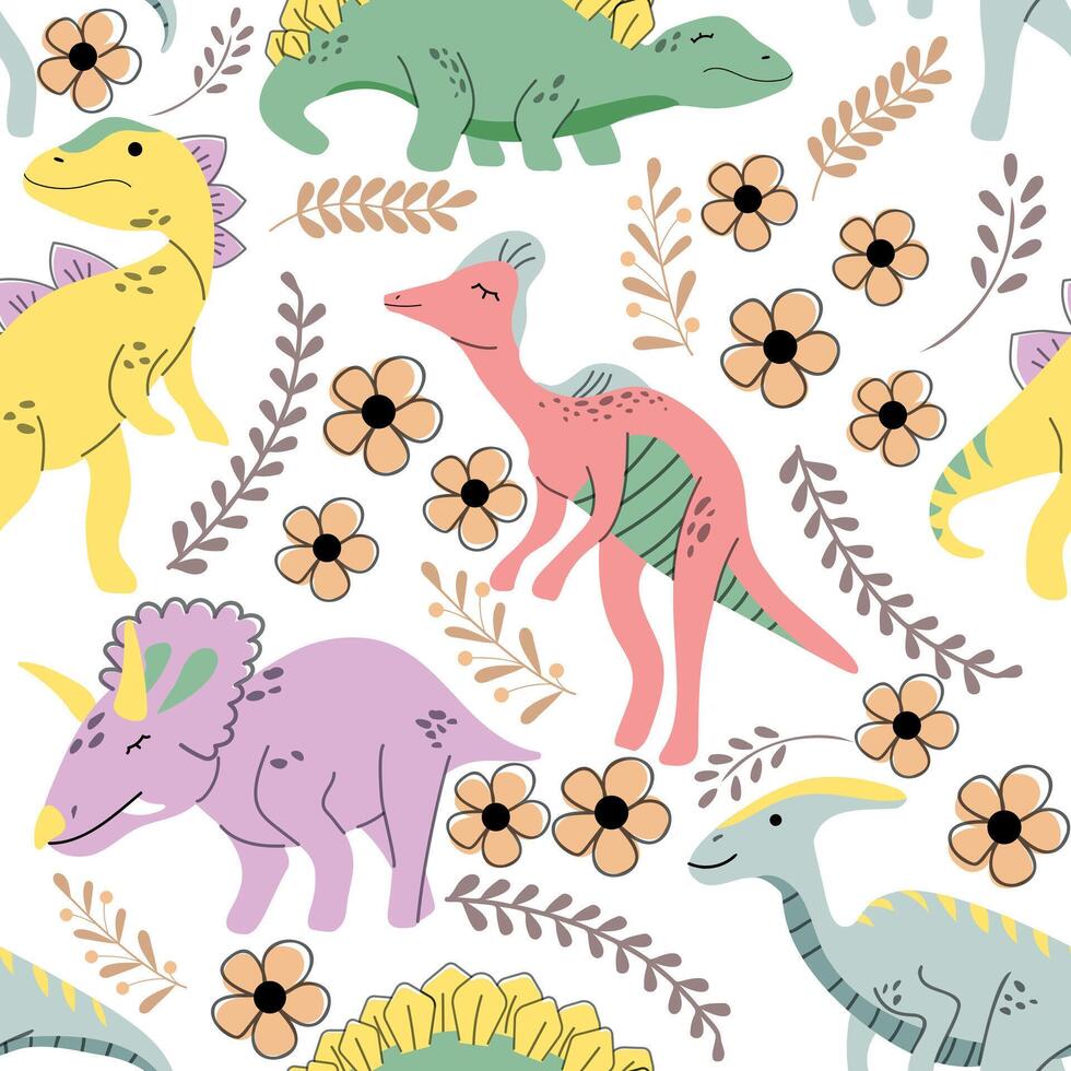Hand drawn dinosaurs with flowers background. vector