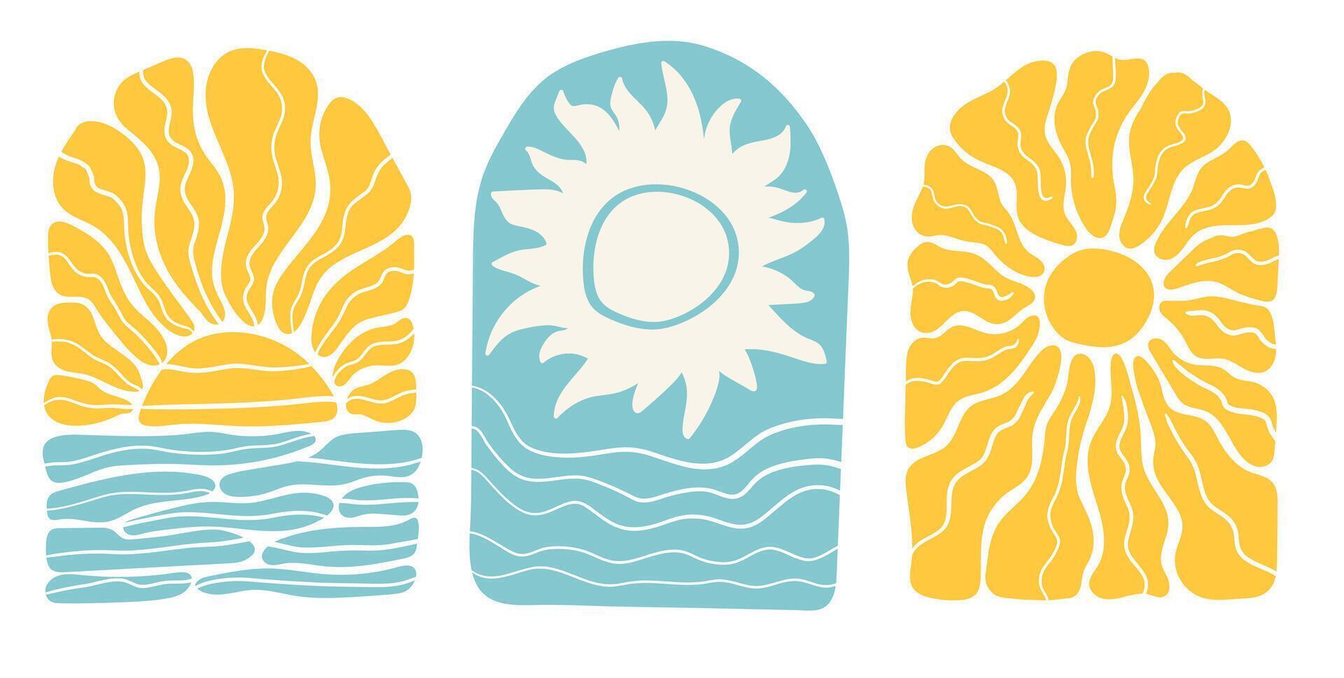 Set of abstract modern sun and seascape. Background with bright sunburst in style 60s, 70s. illustration vector