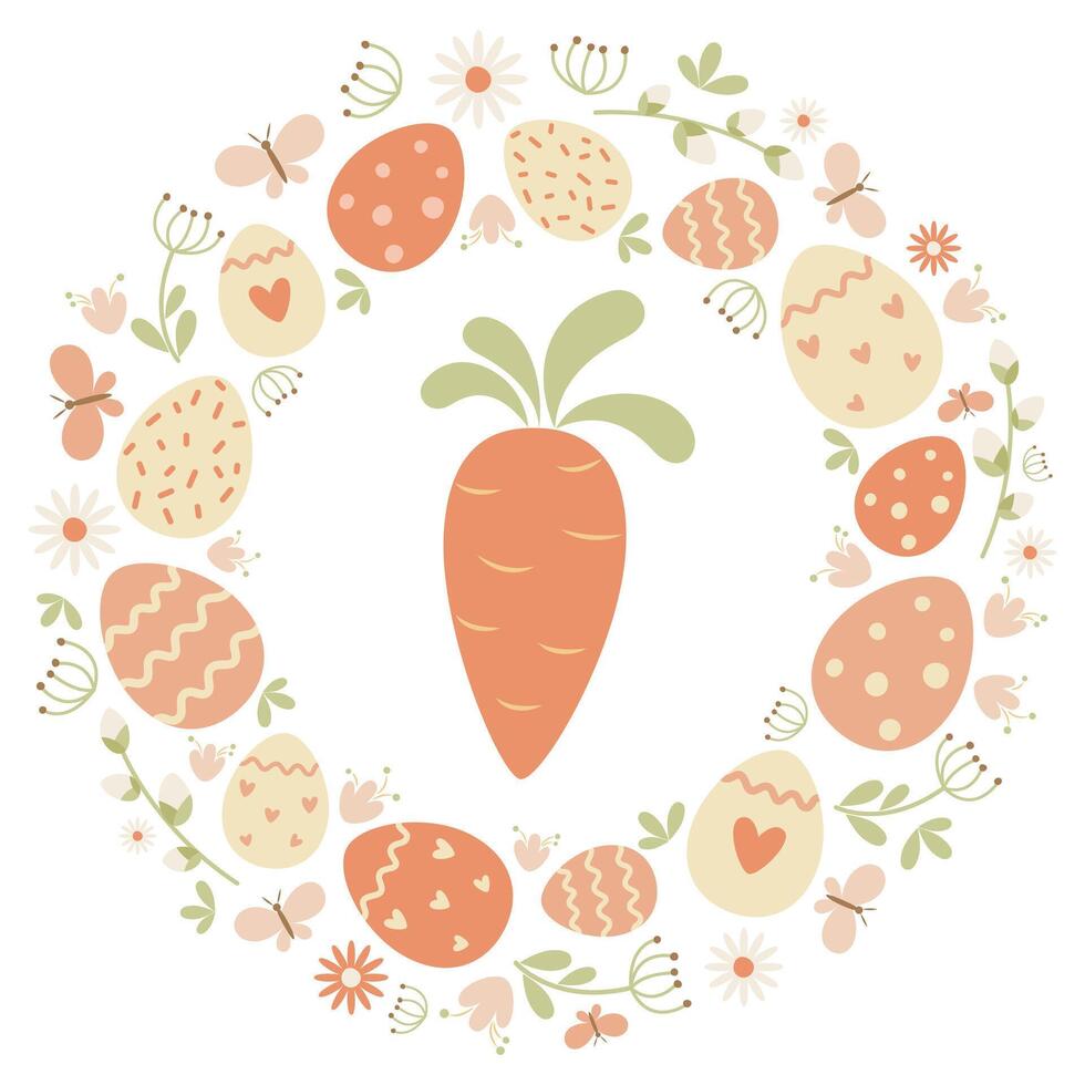 Easter card with carrots, flowers, leaves, eggs on a white background. Round ornament. Ideal for holiday design. . vector
