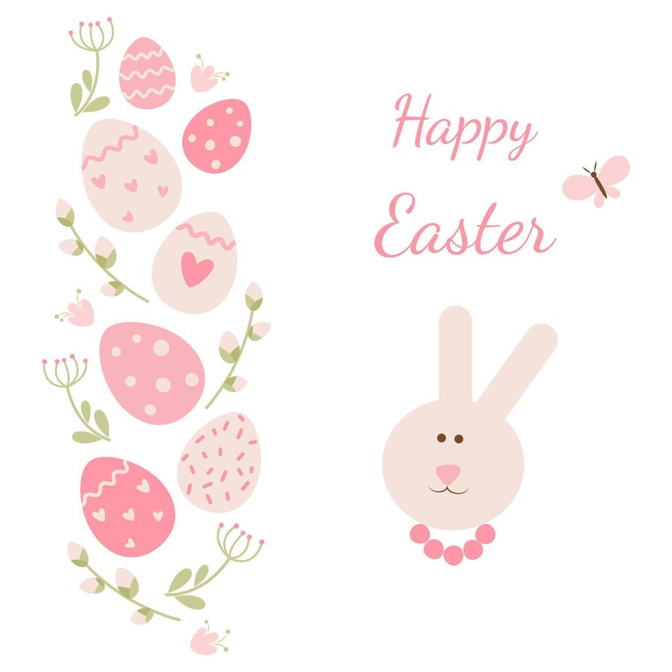 Easter card with hare, eggs, flowers, branches on a white background. Flat style. Ideal for holiday design. . vector