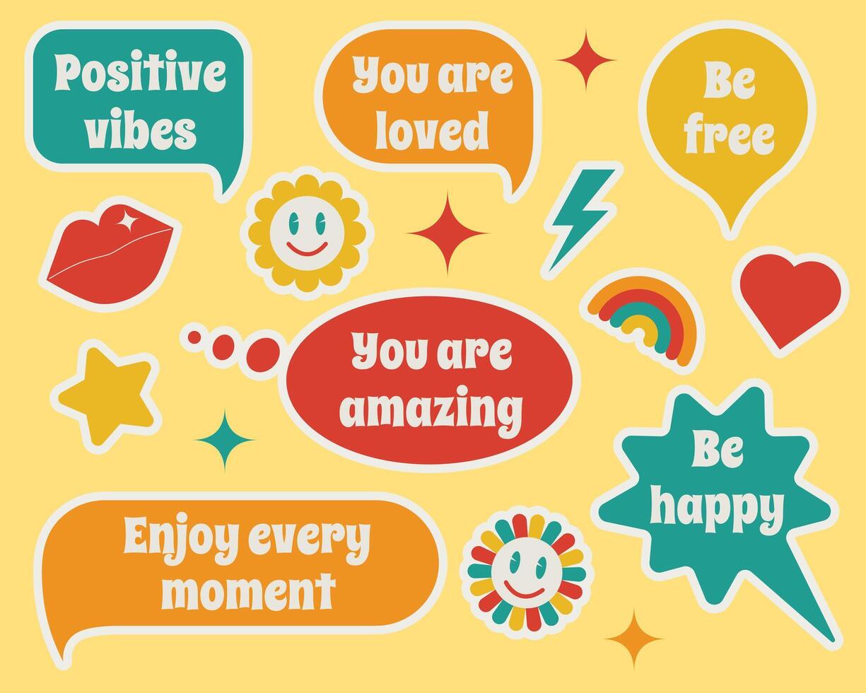 Set of colored speech bubble stickers with motivational quotes. . vector