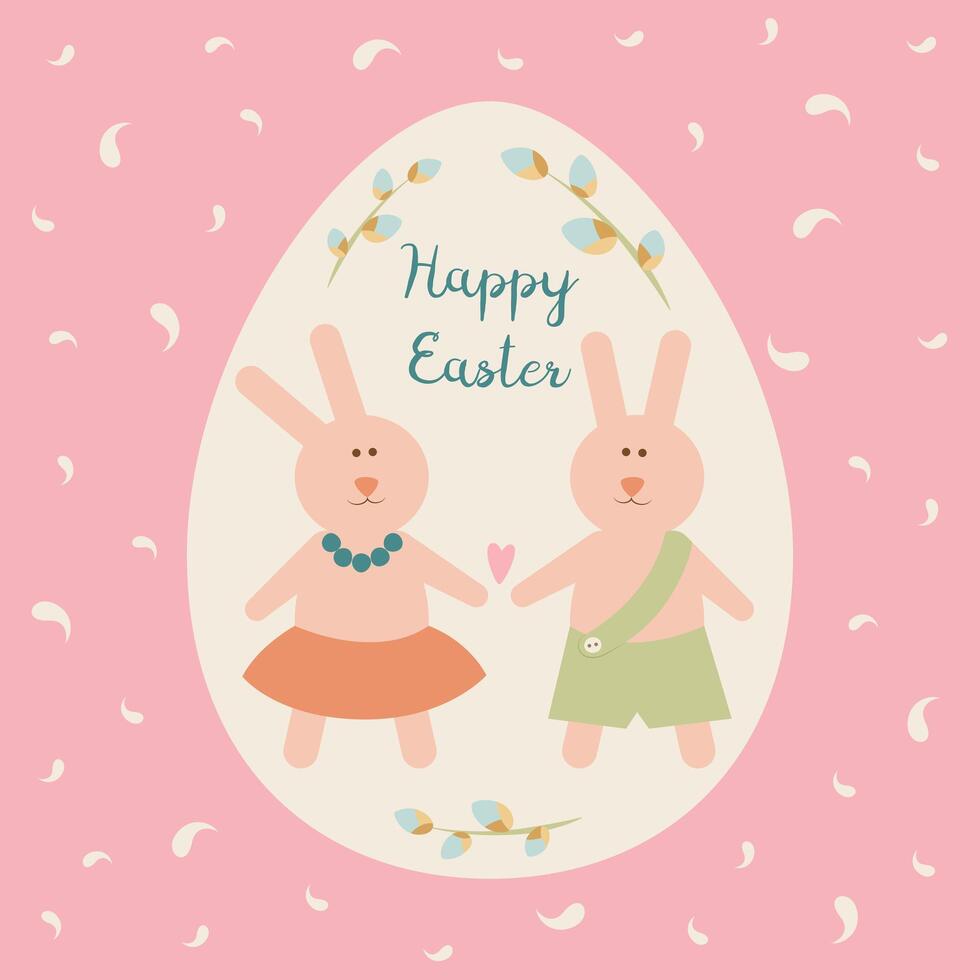 Easter card with rabbits and flowers on a pink background. Flat style Ideal for holiday design. . vector
