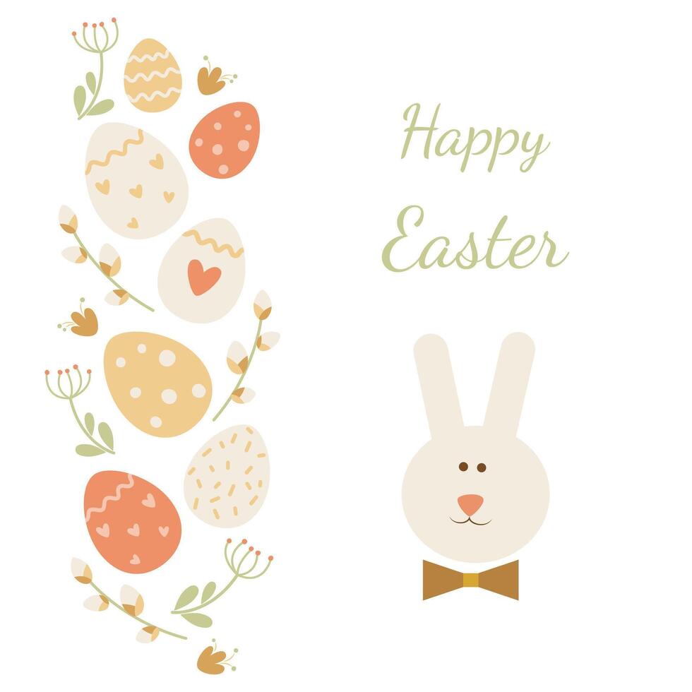 Easter card with bunny, eggs, flowers, branches on a white background. Flat style. Ideal for holiday design. . vector