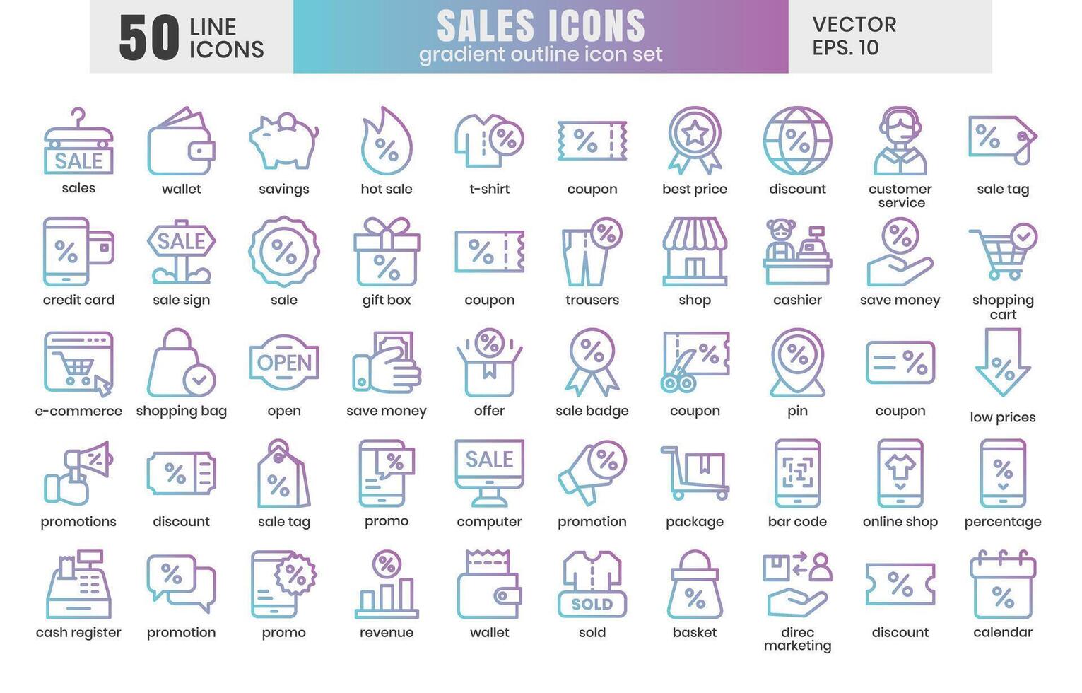 Sales icons set.E-commerce online shopping gradient outline icons vector