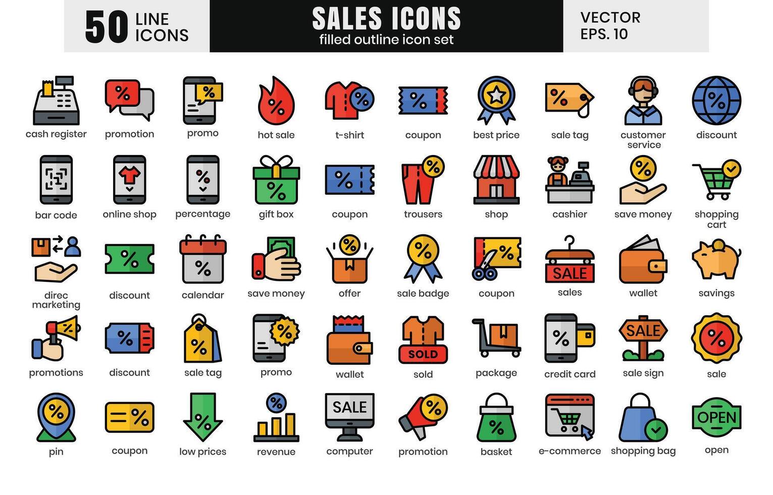 Sales icons set.E-commerce online shopping filled outline icons vector