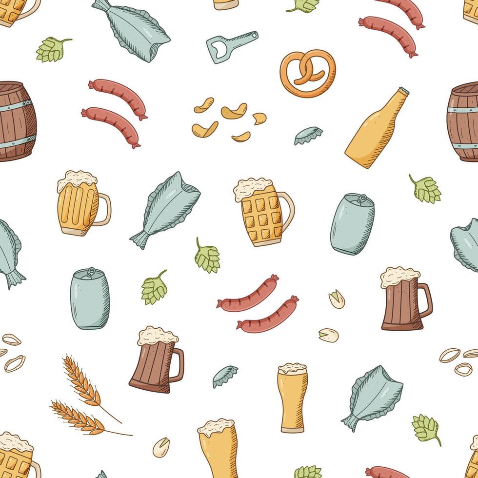Seamless Pattern Beer doodle icons. illustration of Pub elements beer and snacks. Background wallpaper Oktoberfest or bar. vector
