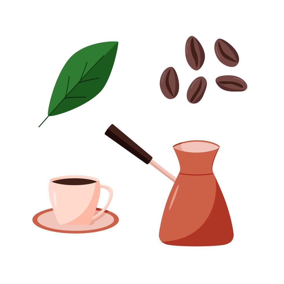 Coffee set of cartoon icons. illustration of coffee beans, fresh leaves, a turk and a cup. vector