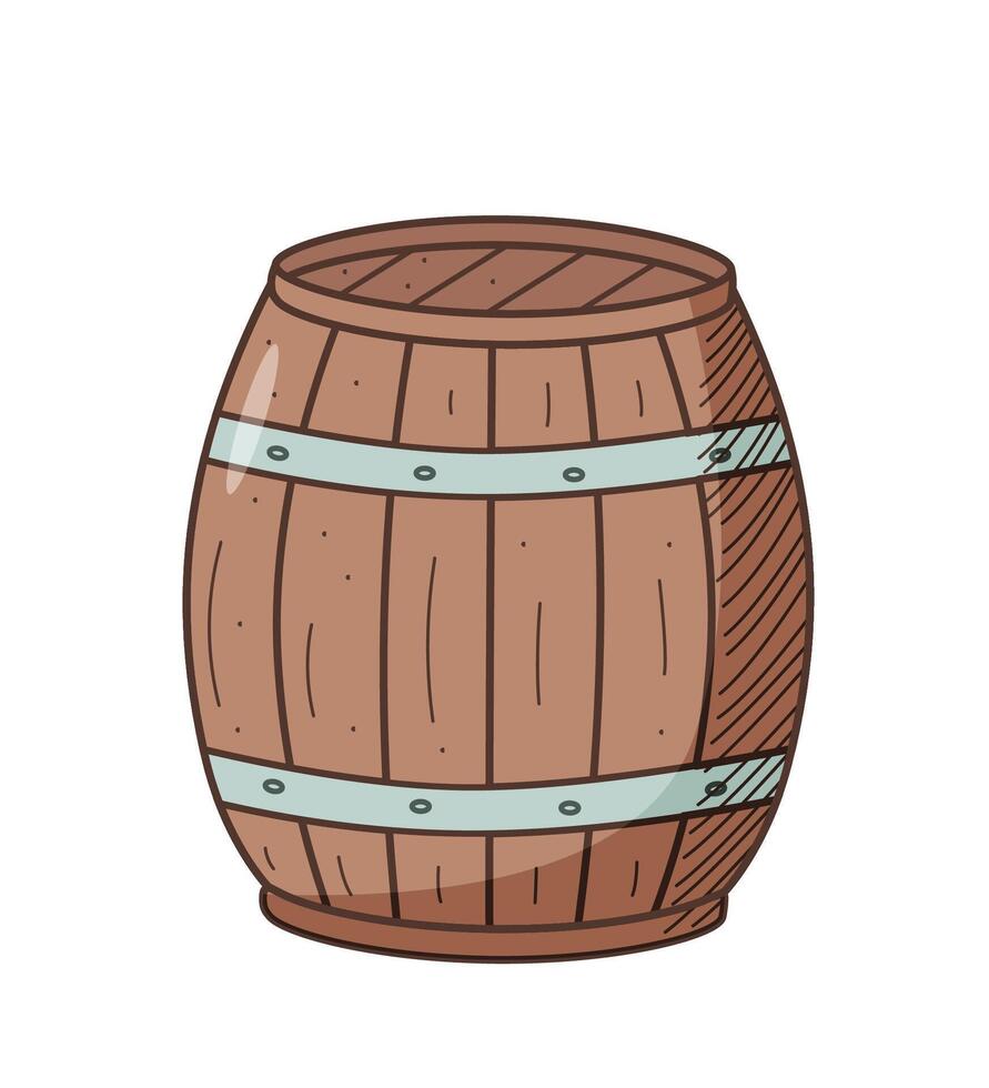 Wooden barrel cartoon doodle illustration. icon of a closed barrel retro style, isolated on white. vector