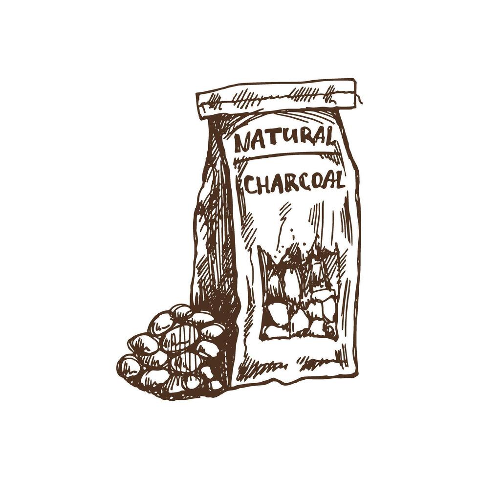 Hand-drawn monochrome sketch of charcoal paper bag for barbecue. Doodle vintage illustration. Decorations for the menu of cafes and labels. Engraved image. vector