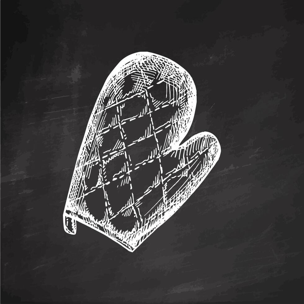 Hand-drawn monochrome sketch of potholders mitten. Doodle vintage illustration on chalkboard background. Decorations for the menu of cafes and labels. Engraved image. vector