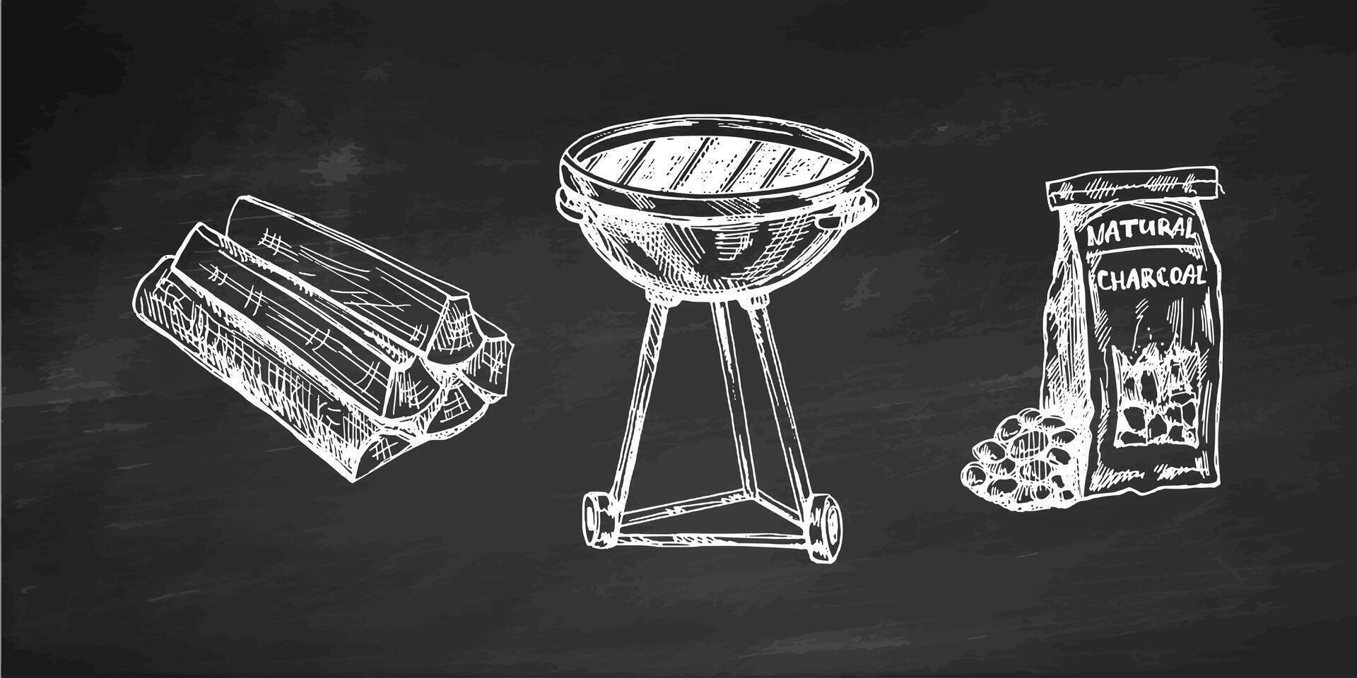 Hand-drawn monochrome sketch of Barbecue grill, charcoal and firewood on chalkboard background. Decorations for the menu of cafes and labels. vector