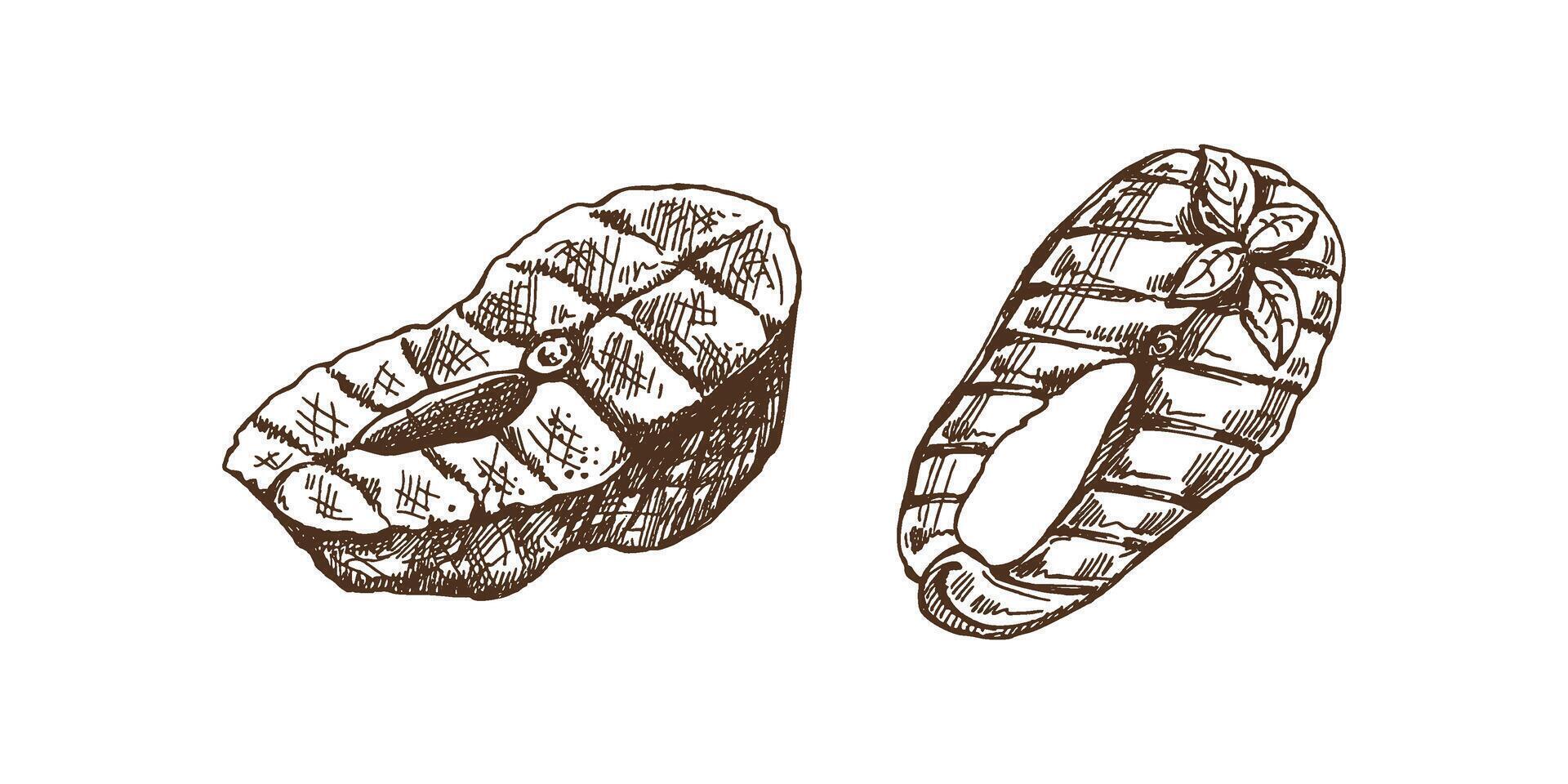 Hand-drawn monochrome sketch of pieces of barbecue salmon steaks. Doodle vintage illustration. Decorations for the menu of cafes and labels. Engraved image. vector