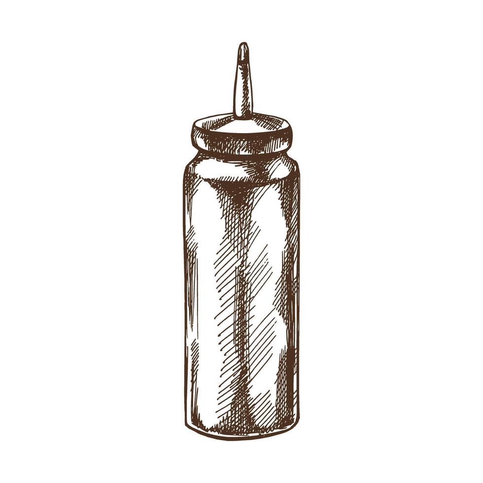 Hand-drawn monochrome sketch of bottle with ketchup, mayonnaise or mustard. Doodle vintage illustration. Decorations for the menu of cafes and labels. Engraved image. vector