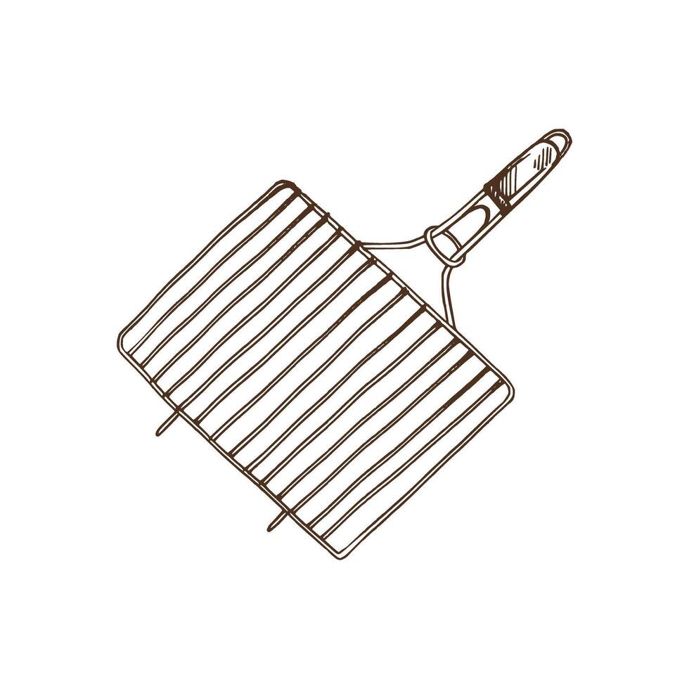 Hand-drawn monochrome sketch of barbecue grill, grill grate, BBQ grill grid. Doodle vintage illustration. Decorations for the menu of cafes and labels. Engraved image. vector