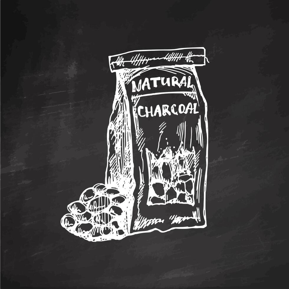 Hand-drawn monochrome sketch of charcoal paper bag for barbecue. Doodle vintage illustration on chalkboard background. Decorations for menu of cafes. vector