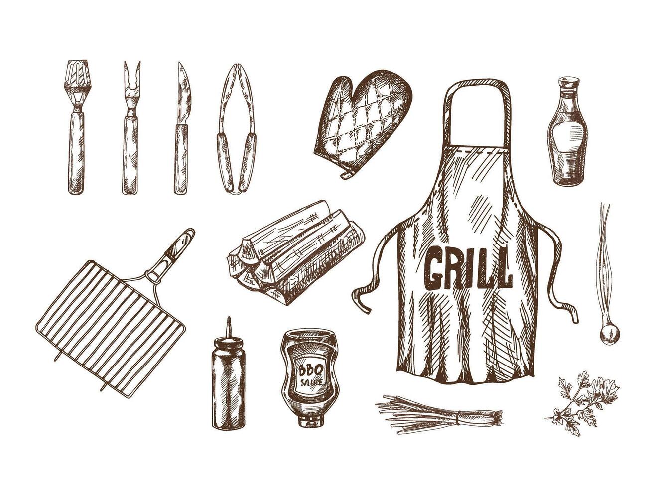 A set of hand-drawn monochrome sketches of barbecue and picnic elements, apron, barbecue grill, tools, etc. For the design of menu of restaurants and cafes. Doodle vintage illustration. vector