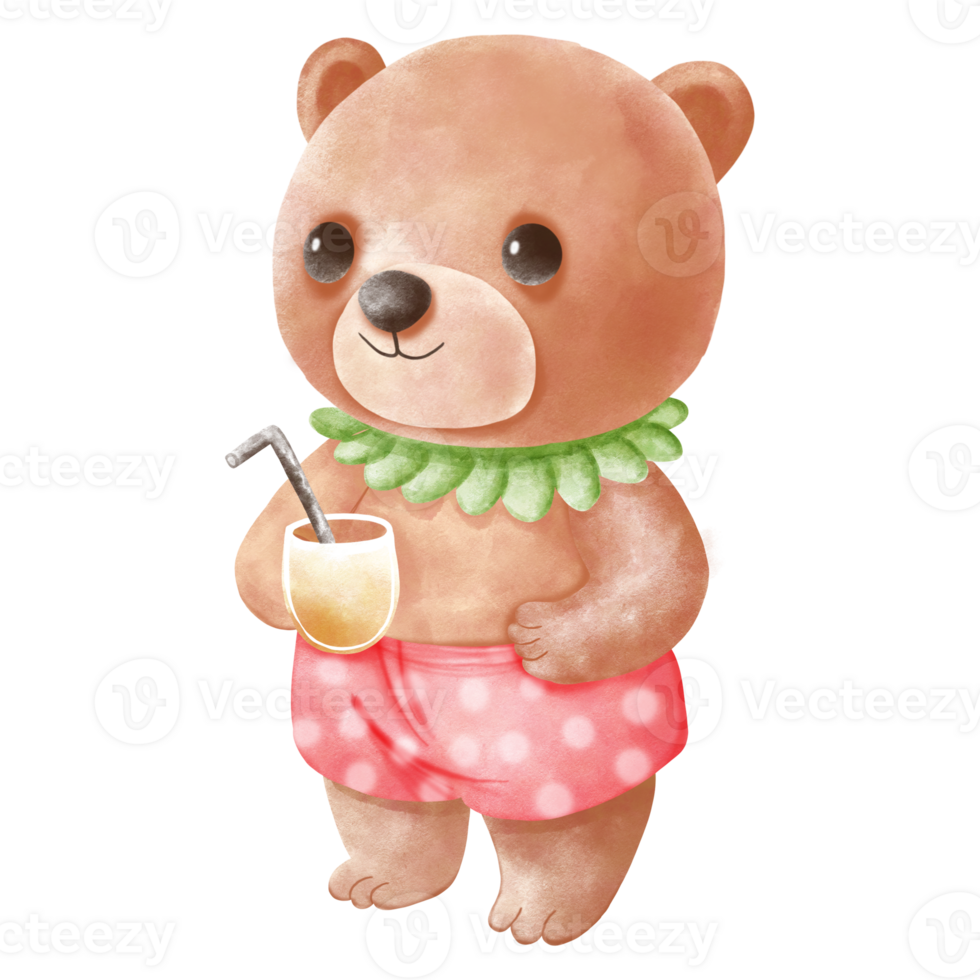 baby bear wearing an island costume holds a glass of juice. png