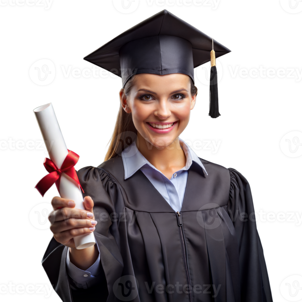 Joyful Graduate in Cap and Gown Holding Diploma With Red Ribbon png