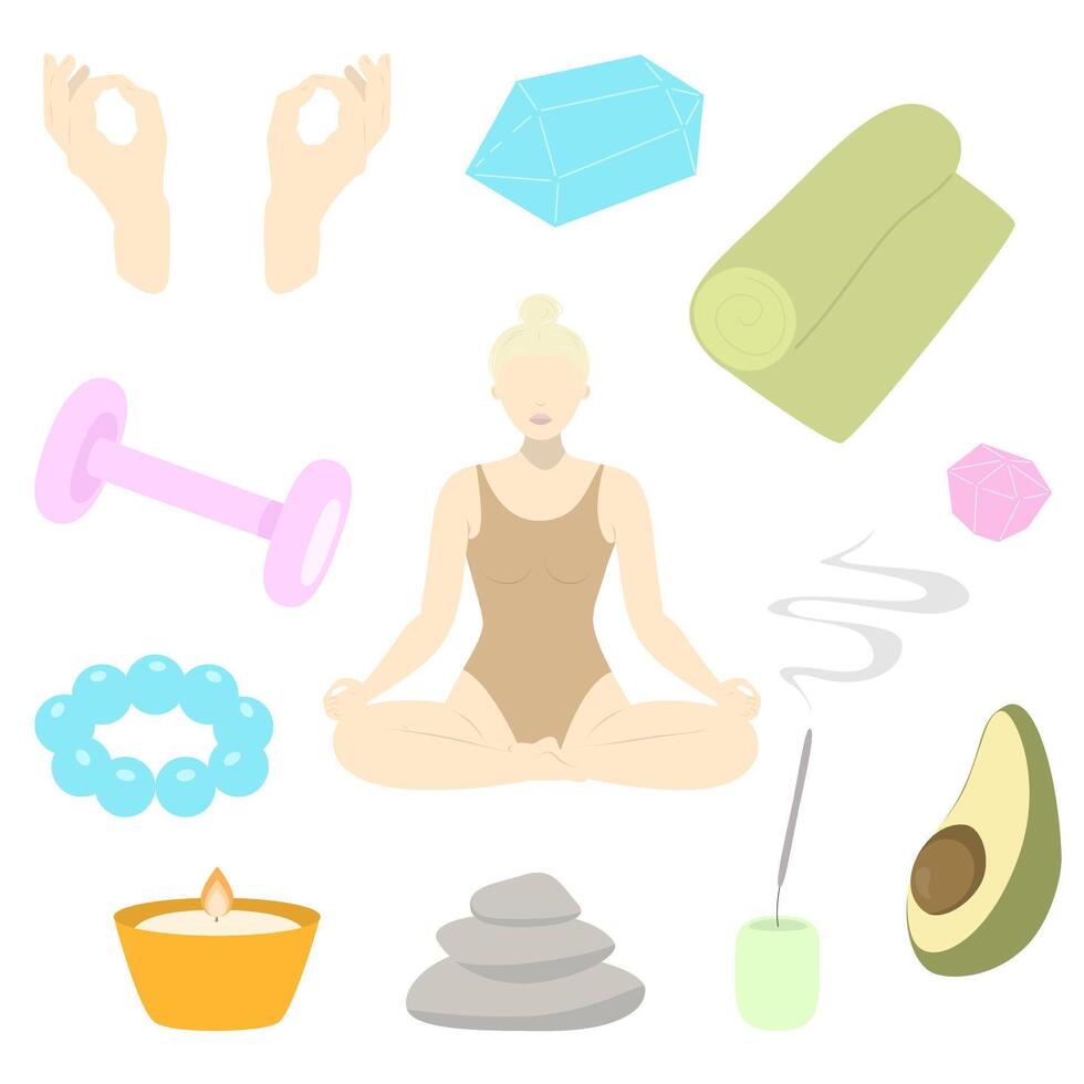 Yoga items set. Flat yoga elements set with woman in lotus pose, mat, candle, crystal, rock, avocado vector
