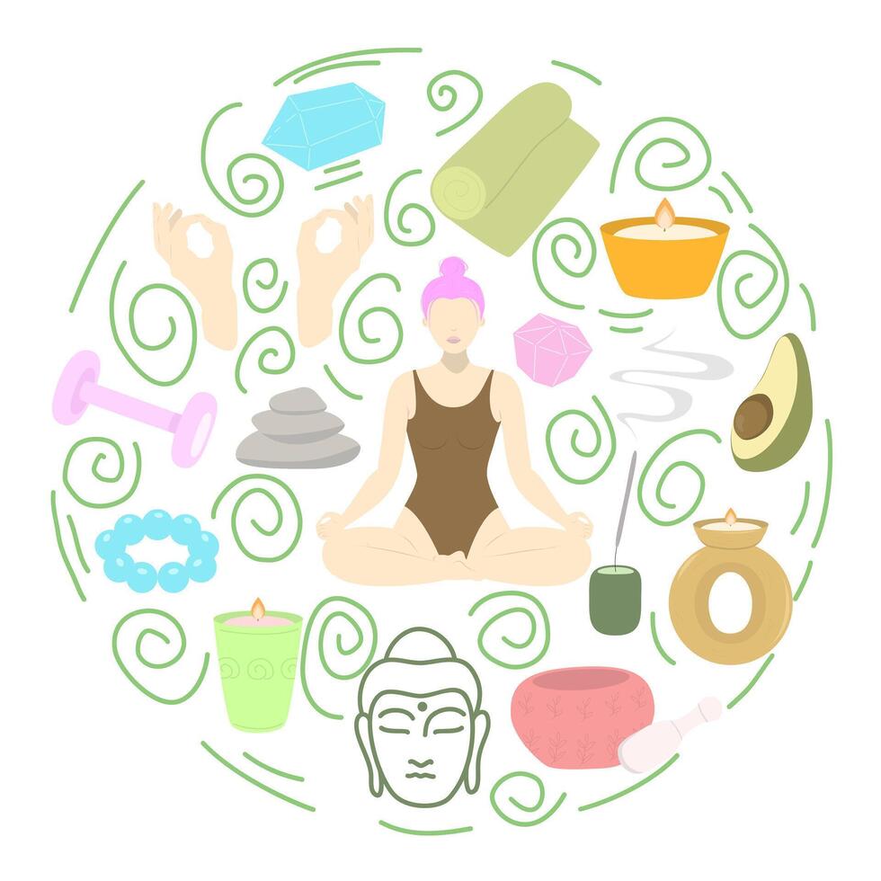 Yoga items set. Flat yoga elements set with woman in lotus pose, mat, candle, crystal, rock, avocado and Buddha vector