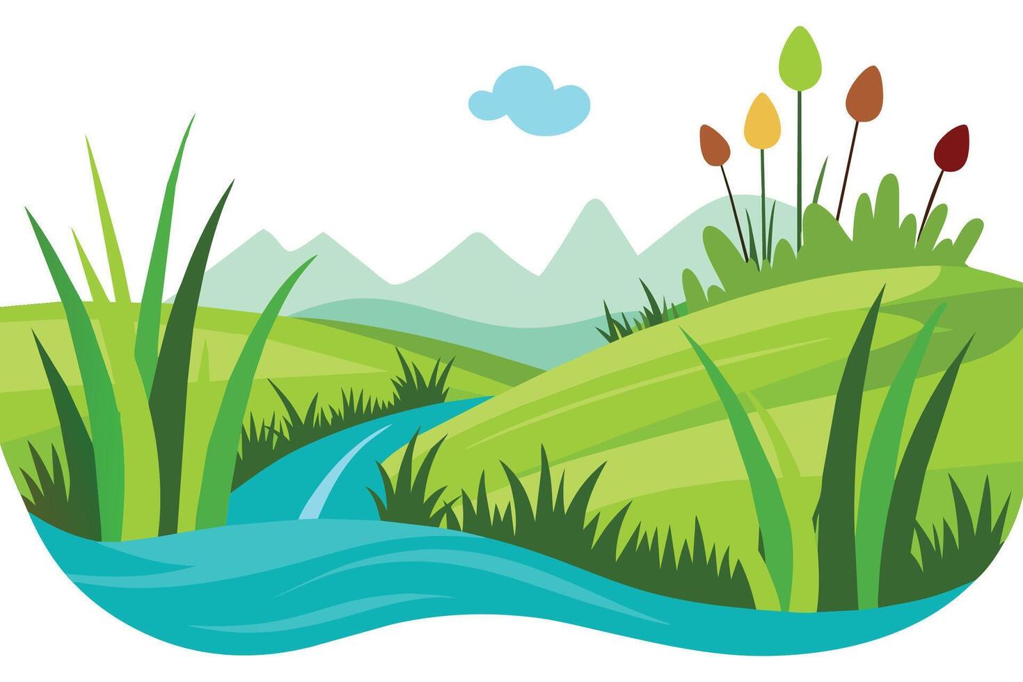 Nature grass meadow flow with river, flat illustration. vector