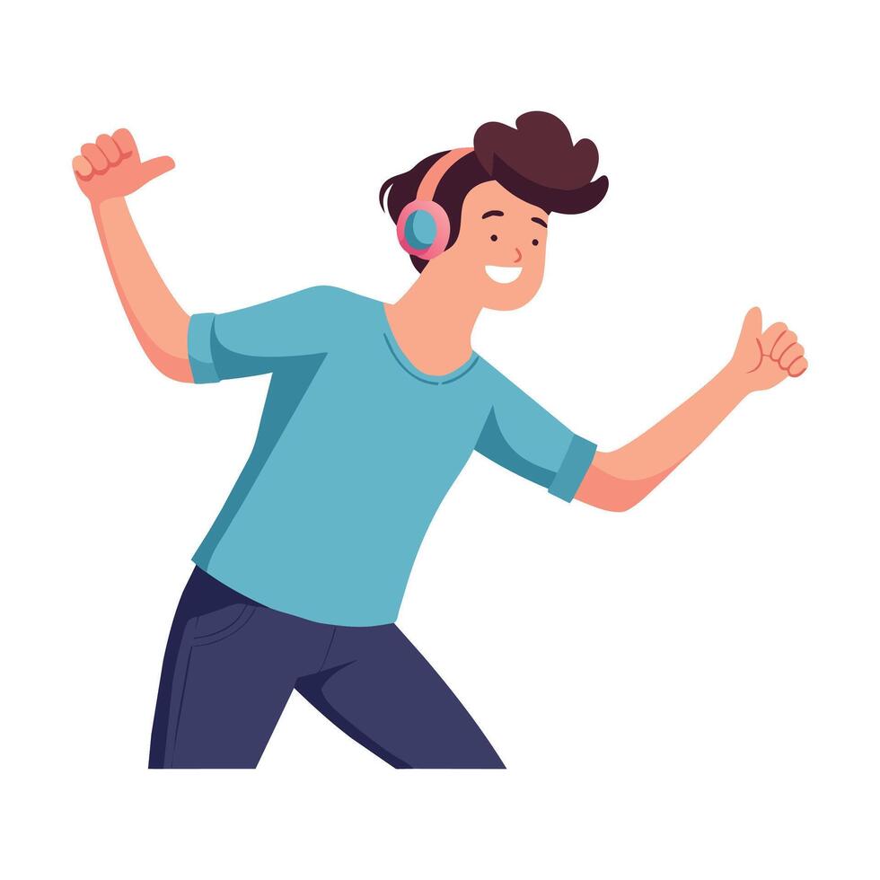 Expressive gen z male dancing to music with wireless earbuds in studio. flat illustration. vector