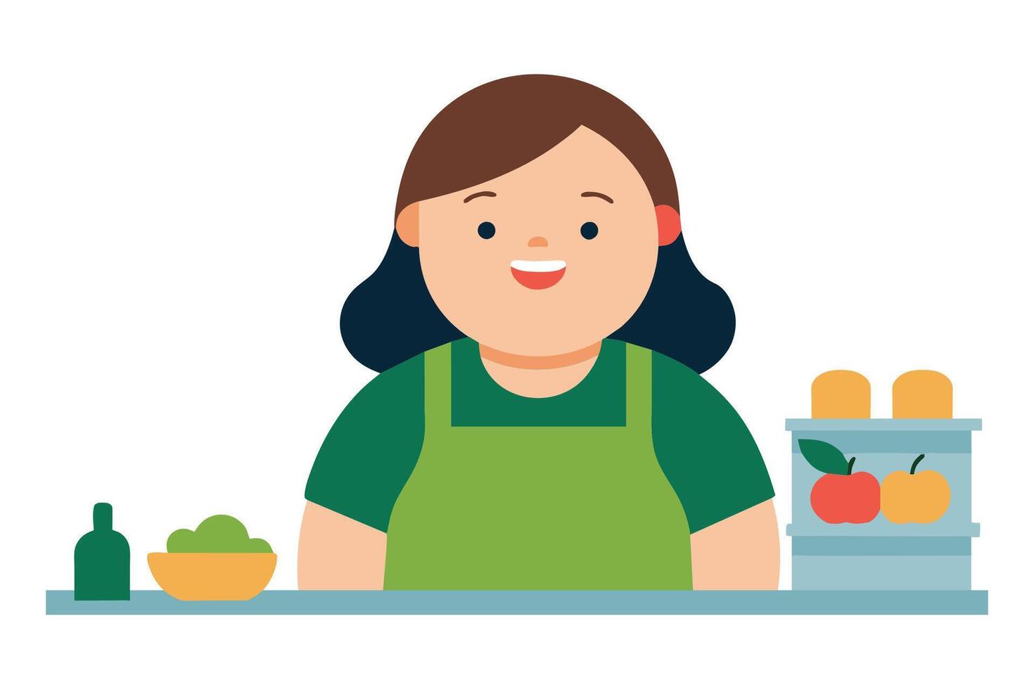Smiling woman with Down syndrome working in a grocery store, flat illustration. vector