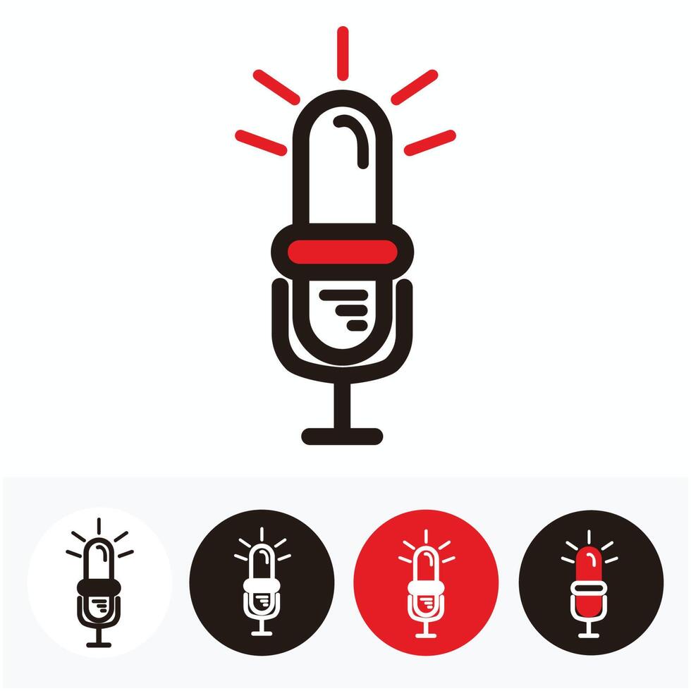 red, black and white retro microphone icon or logo set - microphone set for radio, music, broadcast or podcast equipment vector