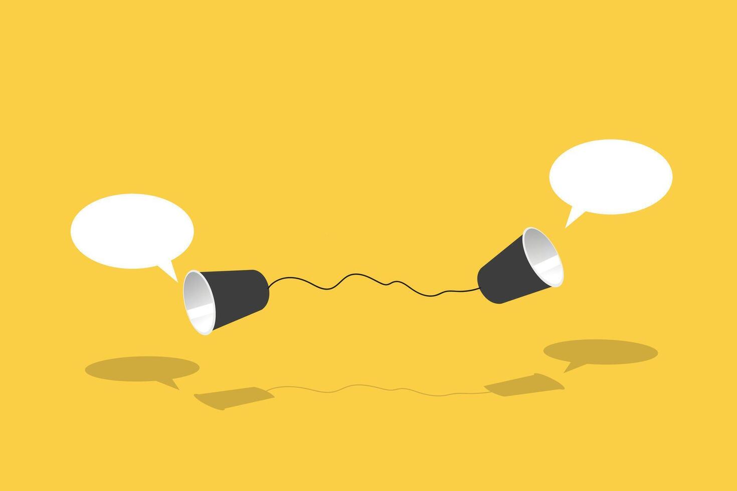 Two black paper cup connect with black rope used for classic phone on yellow background. For old communication system concept. vector