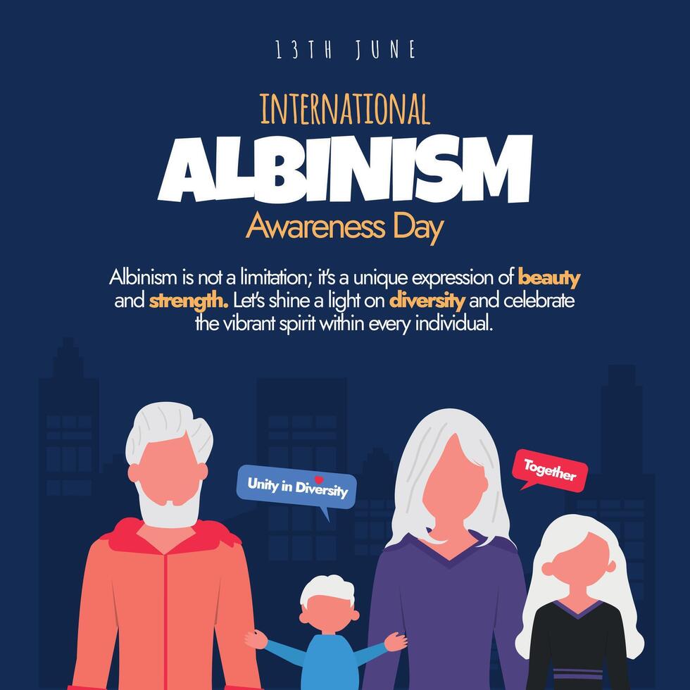 International Albinism Awareness day. 13 June Albinism awareness day banner, social media post with albinos people. Albinism is a genetic condition in which the skin, hair, and eyes lack pigmentation vector