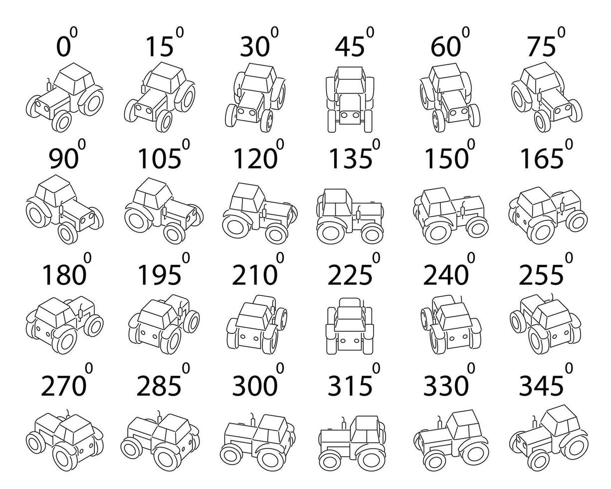 A set of 24 tractors in outline from different angles. vector