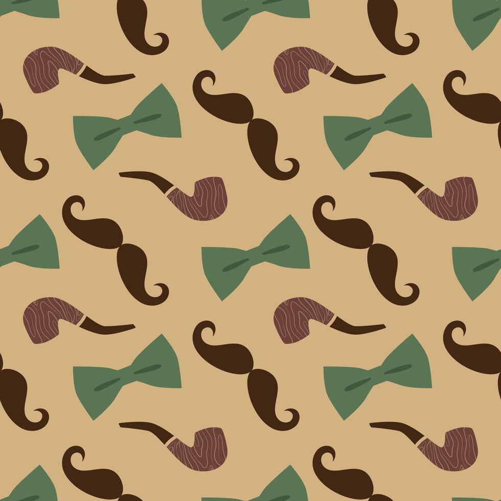 Father's day seamless pattern. Bow tie, mustache and tobacco pipe. illustration for wrapping paper, background, greeting card vector