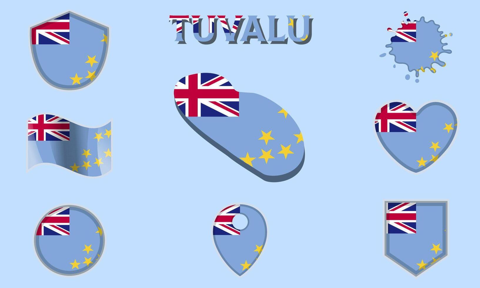 Collection of flat national flags of Tuvalu with map vector