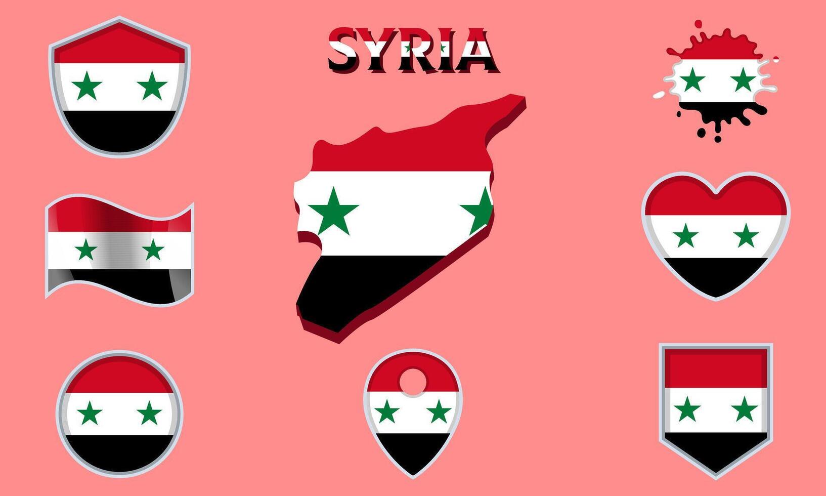 Collection of flat national flags of Syria with map vector
