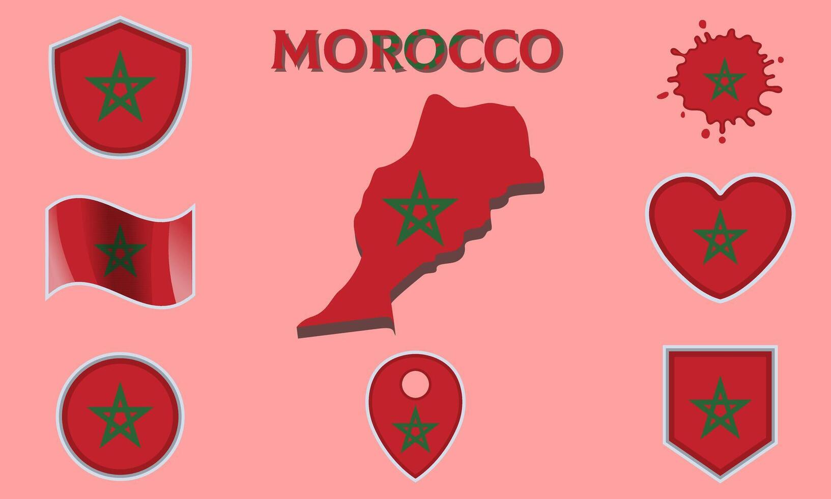 Collection of flat national flags of Morocco with map vector
