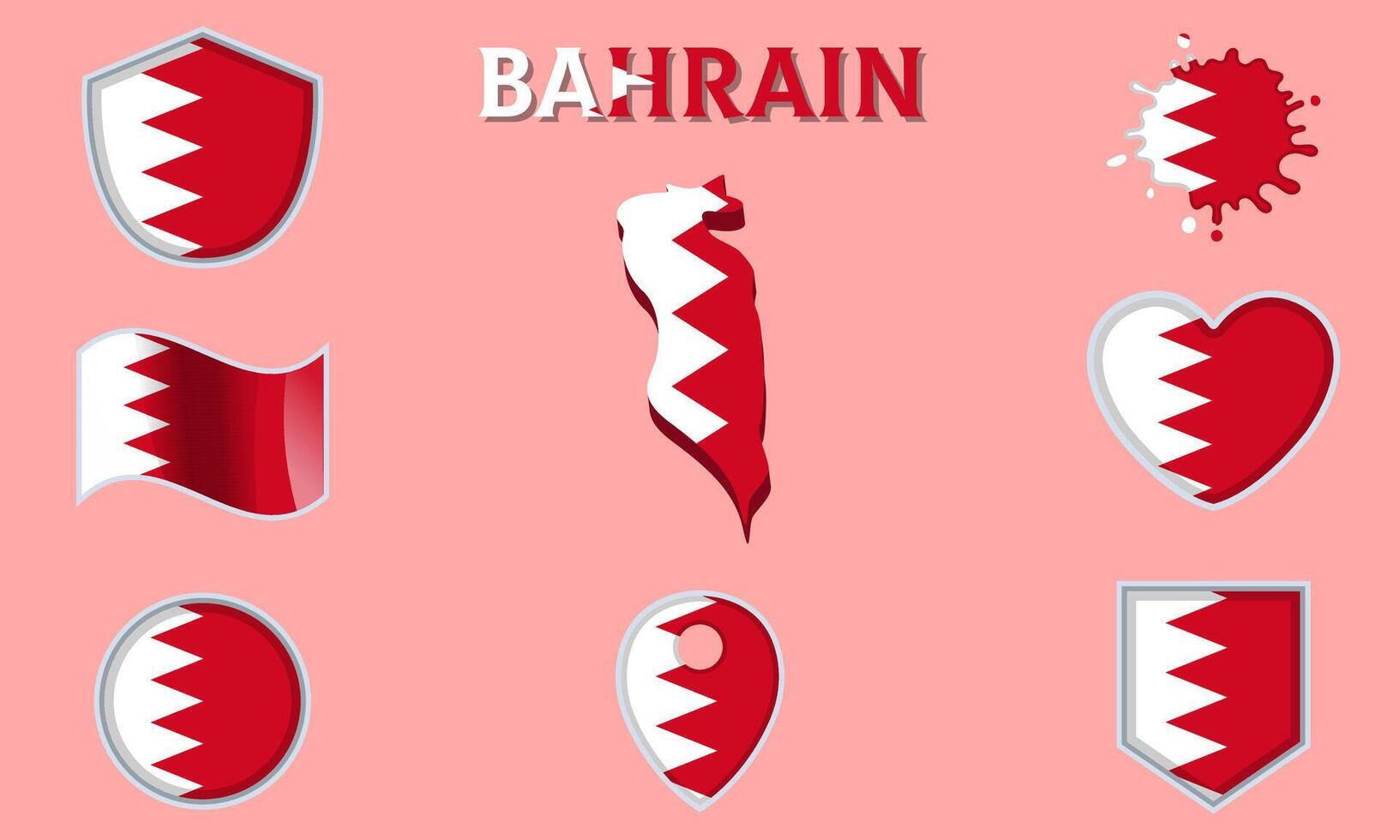 Collection of flat national flags of Bahrain with map vector