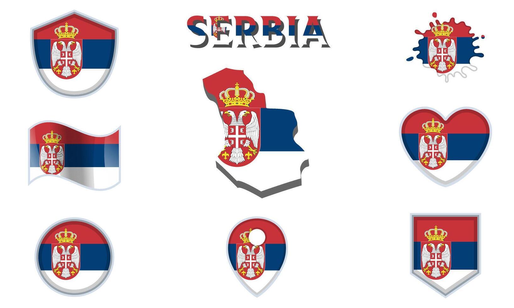 Collection of flat national flags of Serbia with map vector