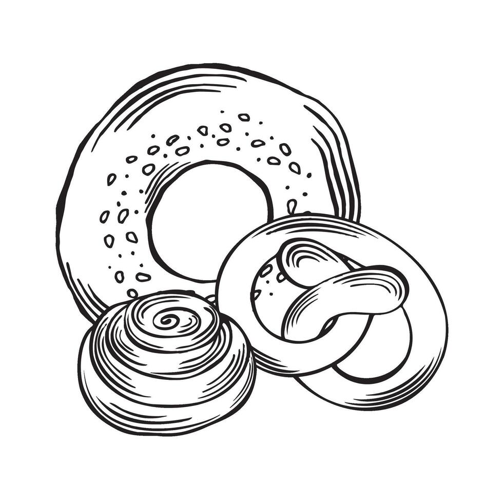 Bagel, pretzel and Cinnamon roll bun. Bakery goods from wheat. illustration linear, isolated. Sketch of traditional bread food products. Template for wrapping, cookbook, menu, showcase, website vector