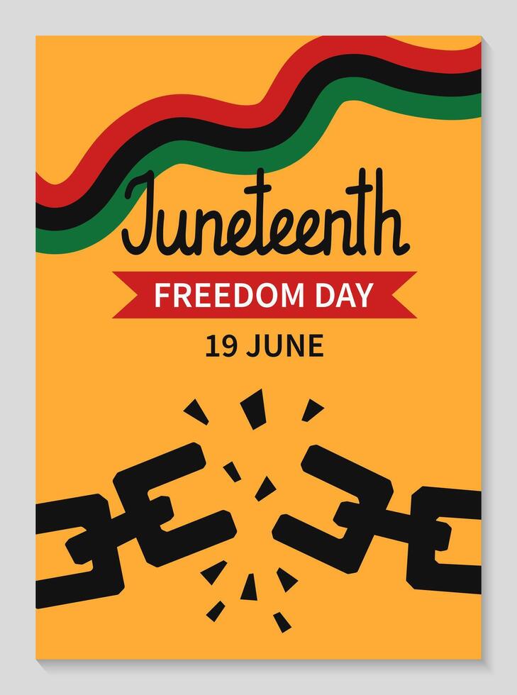 Juneteenth celebration vertical poster template. Simple background with broken shackles, chains and Pan African flag. African-American Independence Day. flat illustration. vector