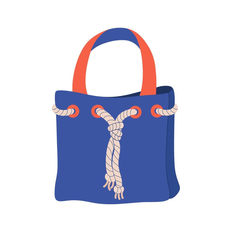 Electric blue beach bag with orange handles. Rectangular denim stylish handbag or shoulder pouch. Suitable for beachwear and accessories store. Summer accessory. flat illustration. vector