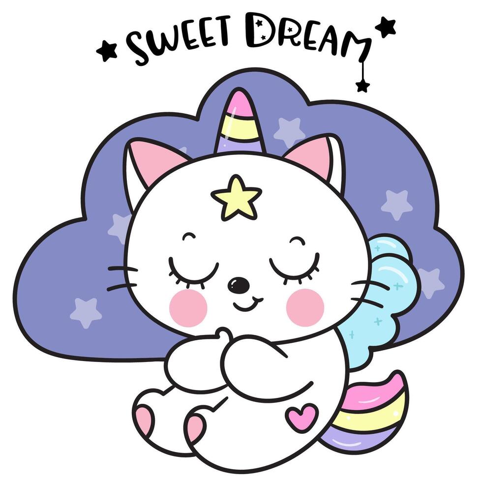 Cute unicorn cat sleeping on cloud pillow kawaii kitten vector