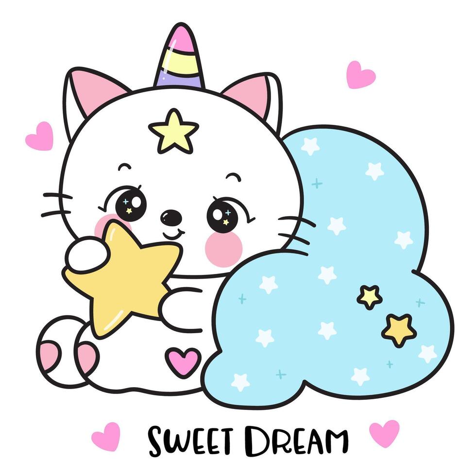 Cute cat unicorn with cloud pillow bedtime story vector