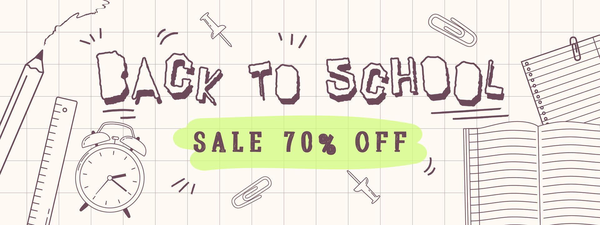 Back to school sale banner. Monochrome line art hand drawn illustrations with school supplies in doodle style. Education concept. Flyer on white background vector