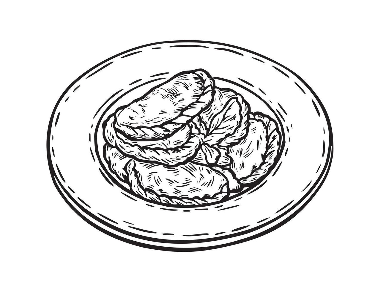 Dumplings vareniki in a plate. Hand drawn illustration, sketch on a white background. vector