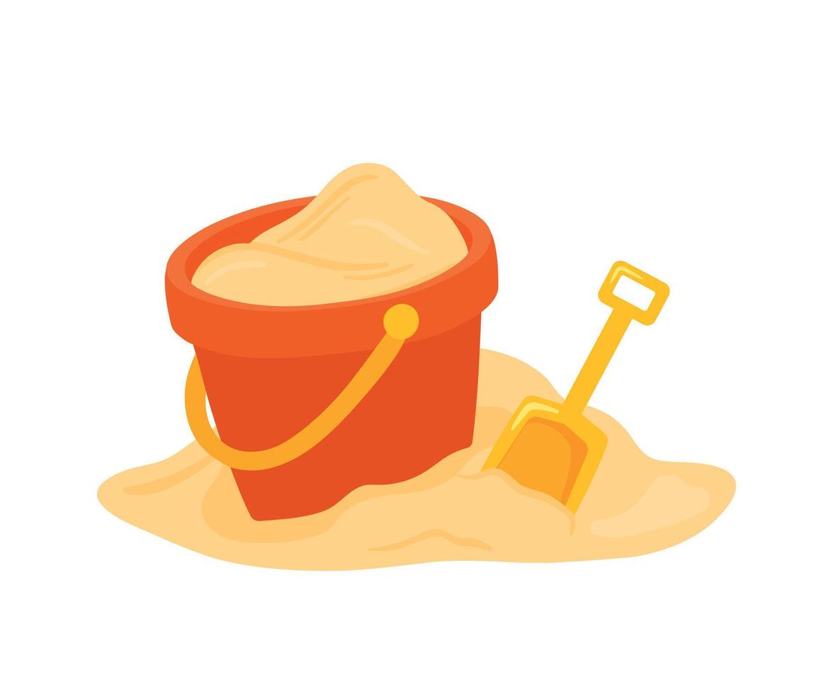 Sand in red bucket with shovel illustration for summer kid toys and game vector